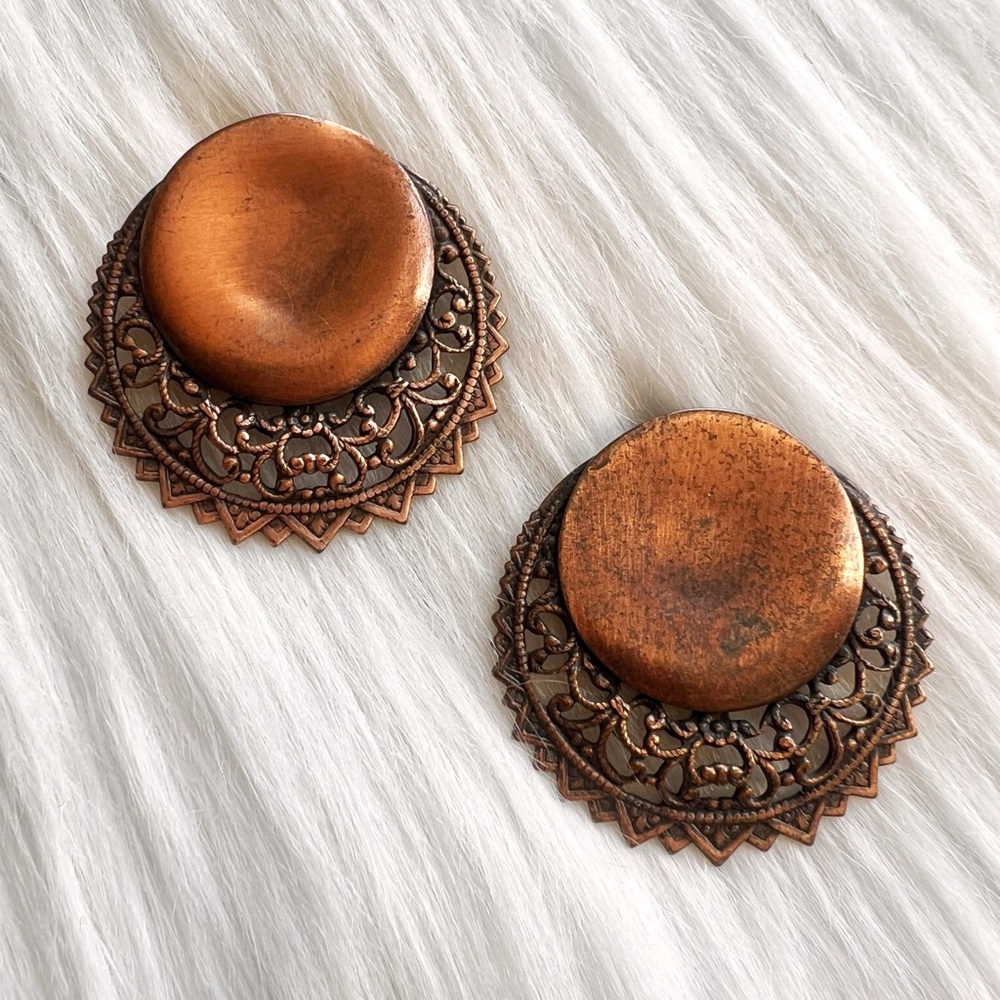 VINTAGE Copper Concho Large Boho Filigree Clip Earrings • Western Southwestern